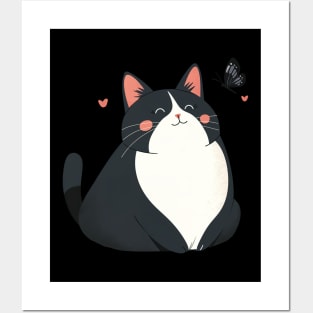 Chunky Kawaii Cat and Butterfly Posters and Art